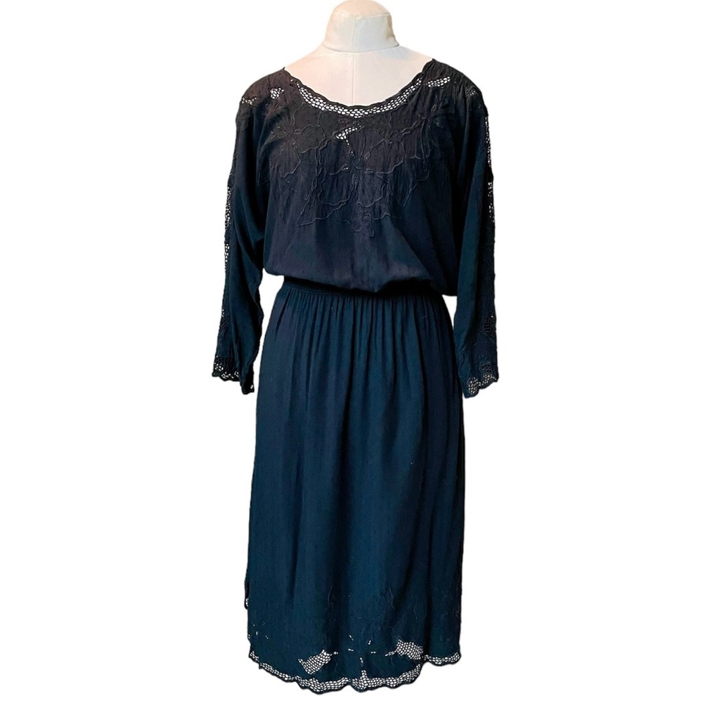 Vintage Bali Emerald Appliqué Crochet Black Dress